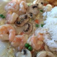 72. Shrimp in Lobster Sauce · Sauteed with egg, waterchestnut, peas, mushroom and carrot.