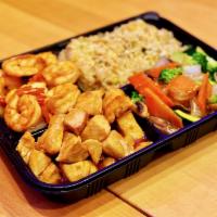Chicken and Shrimp Hibachi Dinner Combination · Chicken, shrimp, 2 extra pcs of shrimp, fried rice, veg (mushroom, onion, zucchini, broccoli...
