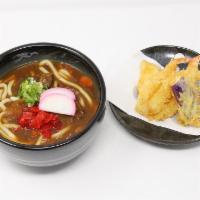 Tempura Curry Udon · Curry udon, 2 shrimp tempura beef and 3 vegetable tempura.