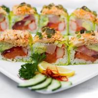 Goddess Roll · Tuna, ocean trout, yellowtail, cucumber, crabmeat, and avocado wrapped in soy paper. Topped ...