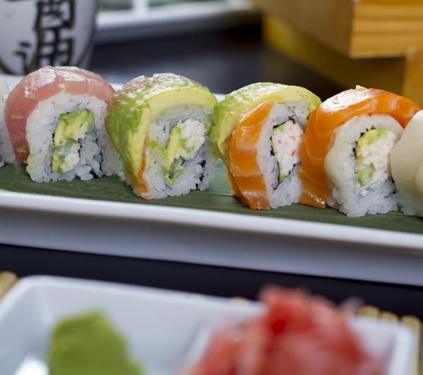 Rainbow Roll · California roll topped with tuna, yellowtail, shrimp, salmon and avocado.