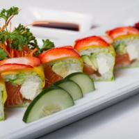 Strawberry Roll · Fresh salmon, cream cheese, mango, avocado, kanpyo and strawberry wrapped in soy paper with ...