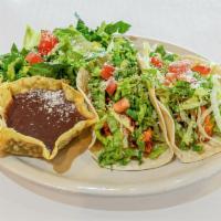 Chicken Taco Platter · 2 tortillas filled with grilled fajita chicken, lettuce and tomatoes topped with Cotija chee...