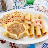 Chicken Flautas Platter · 4 corn tortillas filled with shredded chicken, rolled and then lightly-crisped. Topped with ...