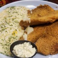Fish and Grits · Your choice between Whiting, or Tilapia, and fries served with cheese grits.