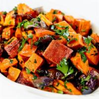 Side of Roasted Sweet Potatoes with Caramelized Onions · Roasted sweet potatoes, caramelized red onions, parsley and maple syrup. Vegan. Vegetarian. ...