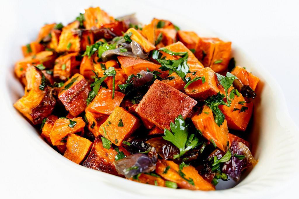 Side of Roasted Sweet Potatoes with Caramelized Onions · Roasted sweet potatoes, caramelized red onions, parsley and maple syrup. Vegan. Vegetarian. Gluten free.