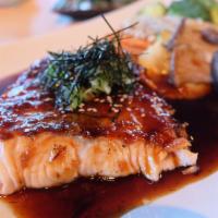 8. Salmon Teriyaki · Salmon, rice, teriyaki sauce, mixed vegetables, and mushrooms.