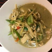 GREEN CURRY 21oz · HULK’S FAVORITE! Coconut milk, bamboo shoots, bell pepper and basil blended into curry , jus...
