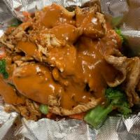 RAMA THAI · Stir fry meat served on steamed broccoli and carrot topped peanut sauce, try something new. ...