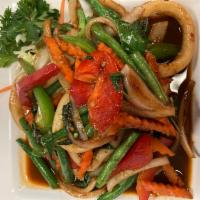 GRILLED ASPARAGUS  · Stir fried with asparagus, onions, bell pepper and carrot 