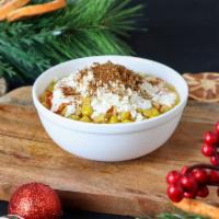 *Corn in a Cup · Sweet corn with butter, mayonnaise, Mexican cream, queso fresco, and chile-lime powder. You’...