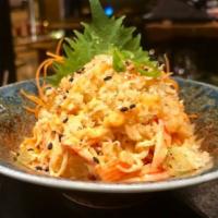 VOLCANO · Cooked shrimp, Crab stick, Mixed with Spicy mayo, Chill oil, Spicy sauce, Scallion and Tempu...