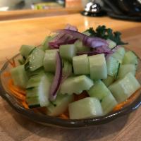 CUCUMBER SALAD · Cucumber, Red onion, Carrot, Sweet vinegar dressing.