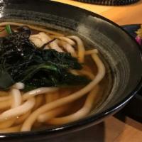 TEMPURA UDON · Udon noodle in Dashi broth, Spinach, Shiitake, Kamaboko, Shredded Nori strips with Shrimp & ...