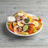 Phd Chef Salad · Black forest ham, turkey, salami, provolone, Swiss, American, tomato, cucumber, egg and crou...