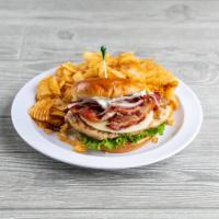 Chicken Pompeii Sandwich · Chicken breast, bacon, provolone, Parmesan, asiago peppercorn dressing, blended oils, romain...