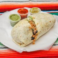 Burritos · Wrapped flour tortilla stuffed with your choice of meat, black beans, rice, cream,  cheese, ...
