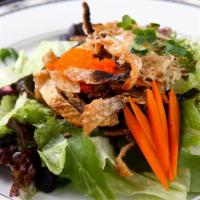 9. Salmon Skin Salad · Broiled salmon skin, cucumber and daikon on top of gourmet spring mix served with house, may...
