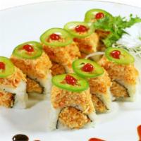 25. Mexican Roll · Spicy crabmeat, sriracha avocado, jalapeno with eel sauce.crunch ontop, Spicy.