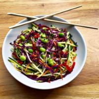 Veggie Noodle Salad · Zucchini-squash 'noodles', bell peppers, edamame, red onion, cabbage, carrots, chia, sesame ...