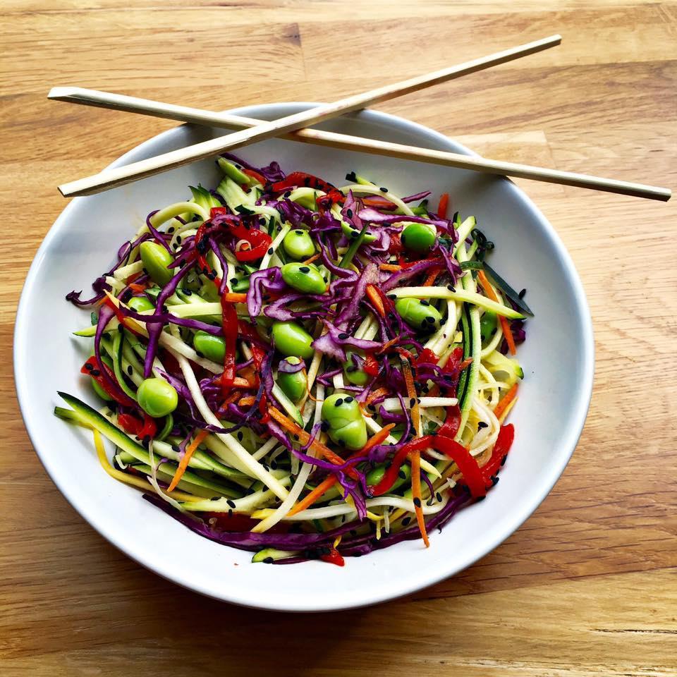 Veggie Noodle Salad · Zucchini-squash 'noodles', bell peppers, edamame, red onion, cabbage, carrots, chia, sesame seeds, tossed in miso-soy vinaigrette and tahini.  Add tofu, chicken, whitefish, pork belly, shrimp, salmon, tuna or black bean patty for an additional charge.