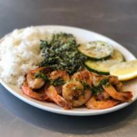 Shrimp Plate · Grilled chimichurri shrimp, rice, creamed kale, spinach and zucchini.