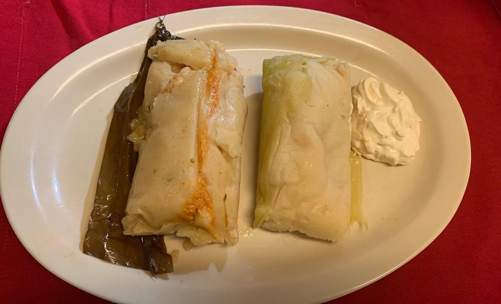 Tamales de Elote con Crema · Baby corn tamale with sour cream.
