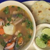 7 Mares Soup · Seafood. 7 seas soup and a mix of all seafood. Served with rice and tortillas.