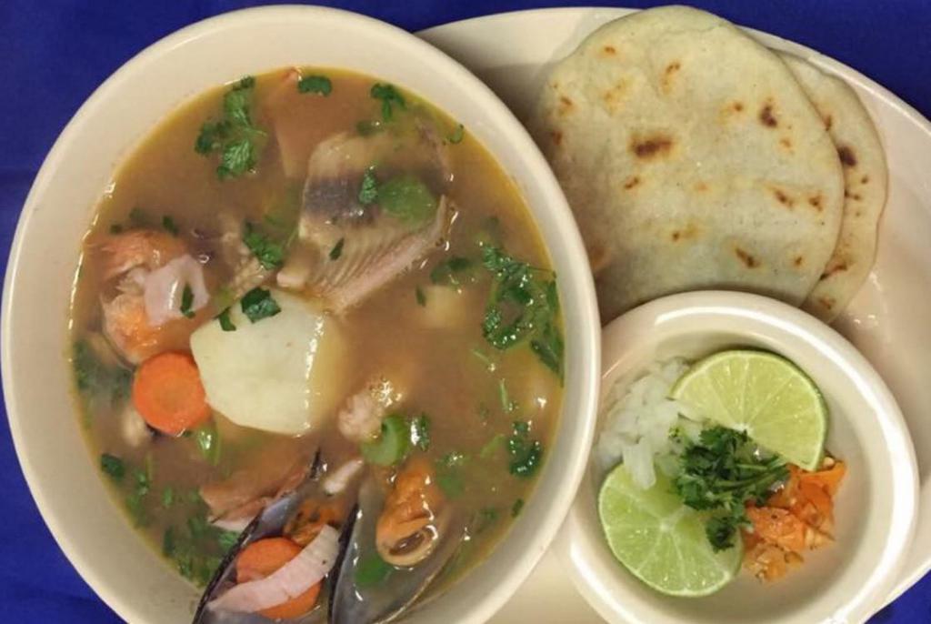 7 Mares Soup · Seafood. 7 seas soup and a mix of all seafood. Served with rice and tortillas.
