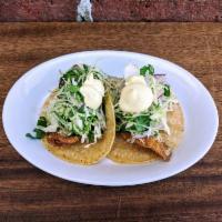 Fish Tacos (2) · Rock cod, cilantro, radish-serrano slaw, aioli.