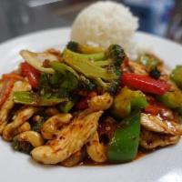 21. Cashew Chicken · Carrots, onions, peppers and cashew nuts sauteed with chicken.