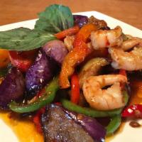 31. Spicy Eggplant with Shrimp · Eggplant sauteed with shrimp, basil and peppers in a spicy black bean sauce.