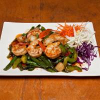 53. Shrimp and Scallops with String Beans · Shrimp and scallops sauteed with green beans, carrots, bell peppers and basil in a chili-gar...