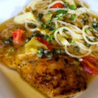Piccata (Chicken) · Sauteed with artichokes, fresh tomatoes in a white wine sauce with capers.