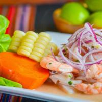 Tray - Ceviche (Mixto/Pescado) · Fresh white fish with an assortment of seafood marinated in lime juice and Peruvian rocoto p...