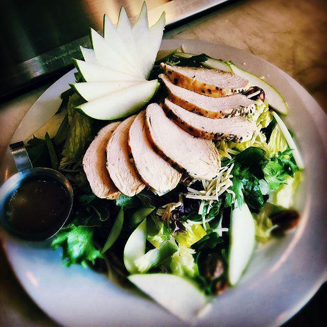 Pear and Gorgonzola Salad · Mixed greens topped with fire roasted chicken, sliced pears, candied pecans and gorgonzola served with balsamic vinaigrette.