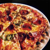 Hellfired Pizza · Classic red sauce, spicy chicken sausage, pickled jalapenos, crushed red pepper, pepperoni a...
