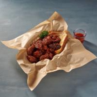 Burnt Ends · Beef and pork. 8 oz. portion, boneless, tossed in a choice of sauce and a slice of white bre...