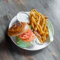 Crispy Buffalo Chicken Sandwich · Smothered in Buffalo sauce, bleu cheese dressing, lettuce, tomato, and brioche bun.