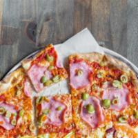 The Classic Green Olive Pizza · Green olive and Canadian Bacon