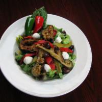 Sicily Harvest Salad · Thinly sliced grilled eggplant with roasted peppers, Kalamata olives and fresh mozzarella ch...