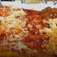 Red Enchiladas · 4 red  cheese enchiladas with rice, beans and salad.
