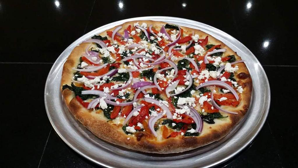 Greek Pizza · Spinach, roasted pepper, red onions and feta cheese.