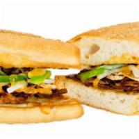 Sarpino's Steak Sandwich · Juicy sliced steak, sauteed onions and green peppers, mushrooms, our signature cheese blend ...
