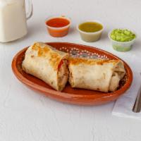 Burrito Suizo · Melted chihuahua cheese, beans, lettuce, tomato, cheese, sour cream.