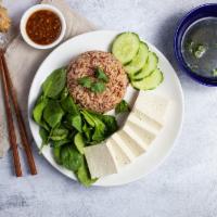 No Meat Bowl · Organic tofu and slices of cucumber served on brown rice and baby spinach. Comes with veggie...