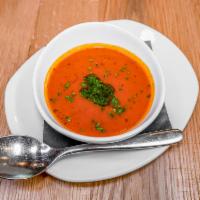Tomato Soup · 2lb serving, Roasted sun marzano tomatoes and house made pesto