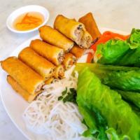 1. Spring Rolls · 4 pieces. Cha gio. Served with mint, lettuce, cucumber, pickled veggies, vermicelli, and hou...