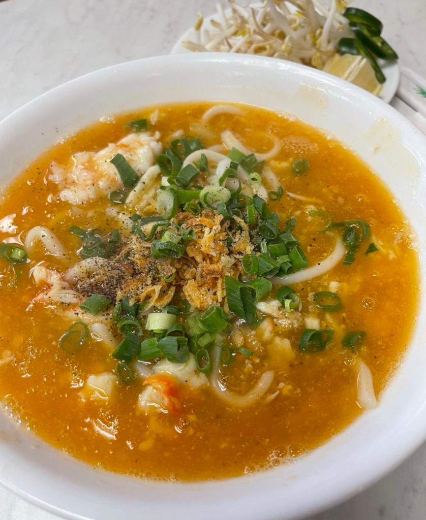 17. Crab & Shrimp Udon  · Bánh Canh Cua. Served in thick umami-rich broth topped with shrimp, crab meat, bean sprouts, lemon, jalapeno